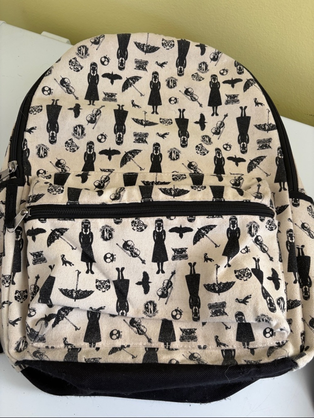 Wednesday Addams Cream & Black Printed Canvas Backpack